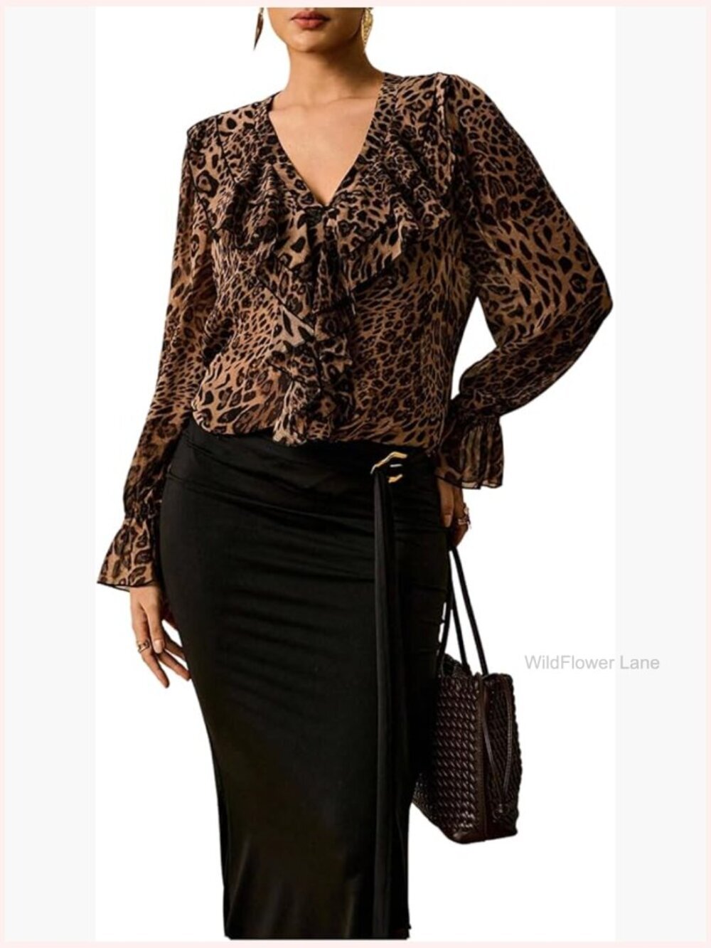 Plus Size Long Sleeve Leopard Print Ruffle V-Neck Blouse Top Night Out